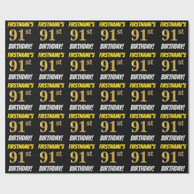 Black, Faux/Imitation Gold, "91st BIRTHDAY" Wrapping Paper (Flat)
