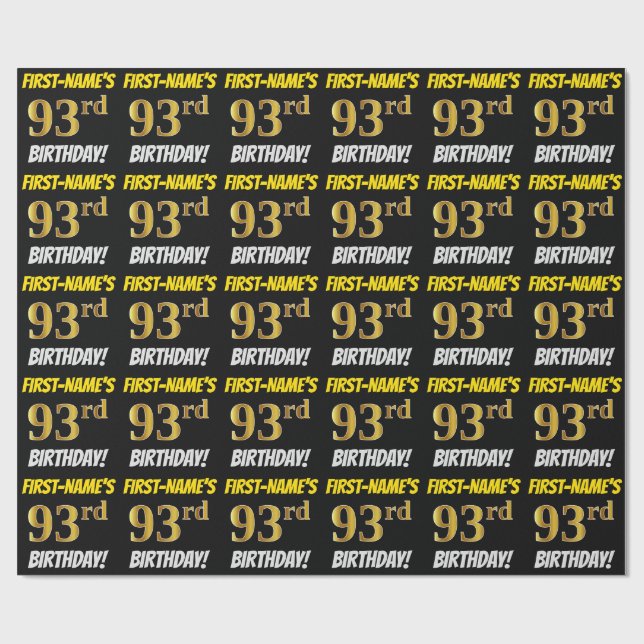 Black, Faux/Imitation Gold, "93rd BIRTHDAY" Wrapping Paper (Flat)