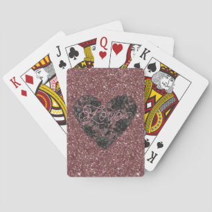 Black Faux Lace Heart Floral Burgundy Glitter Playing Cards