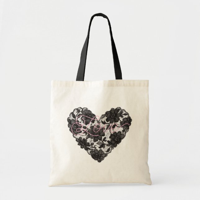 Black Faux Lace Heart Floral Tote Bag (Front)