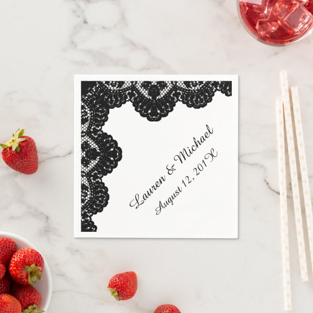 Black Faux Lace on White Wedding Napkin (Insitu)