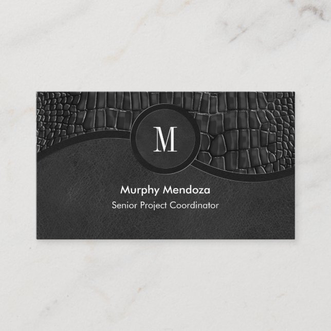 Black Faux Leather Alligator Skin Luxury Monogram Business Card (Front)