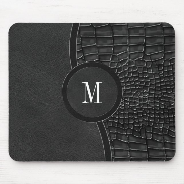Black Faux Leather Alligator Skin Luxury Monogram Mouse Mat (Front)