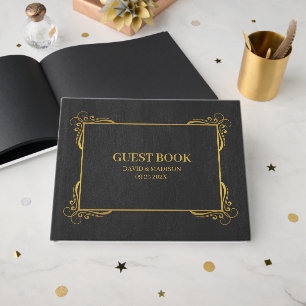 Black Faux Leather Gold Frame Guest Book
