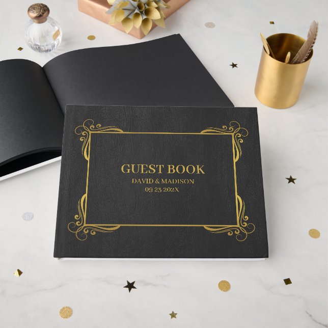 Black Faux Leather Gold Frame Guest Book (Front Open)