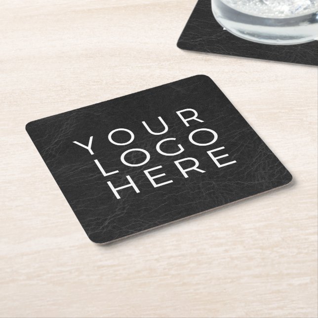 Black Faux Leather Look Custom Business Logo Square Paper Coaster (Angled)
