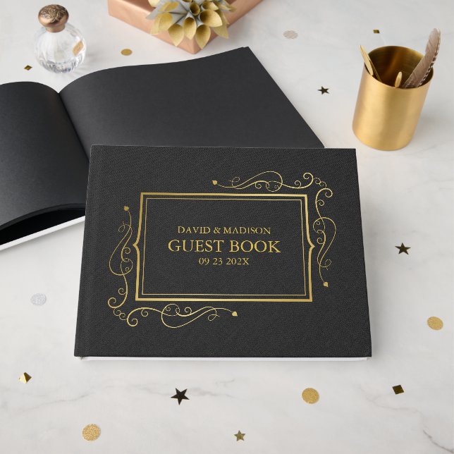 Black Faux Linen Gold Frame Guest Book (Front Open)