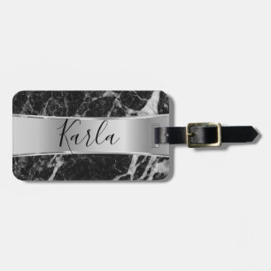 Black Faux Marble & Metallic Silver Luggage Tag