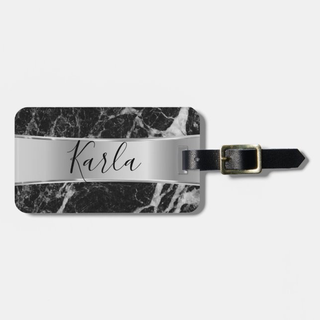 Black Faux Marble & Metallic Silver Luggage Tag (Front Horizontal)