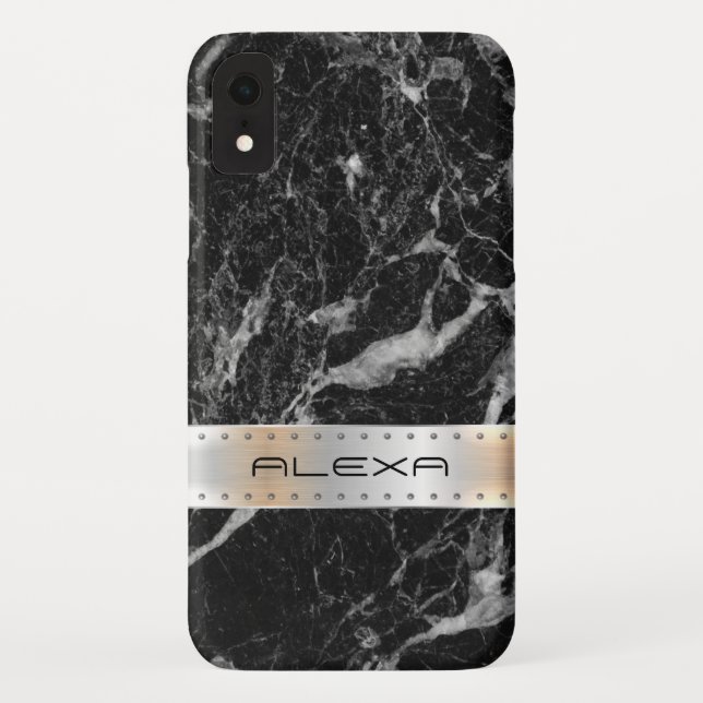 Black faux marble with metallic silver stripe Case-Mate iPhone case (Back)
