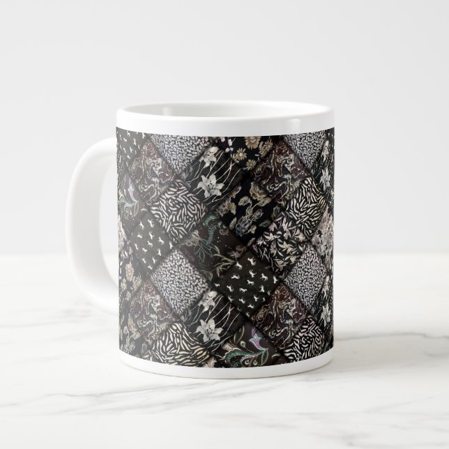 Black Faux Patchwork Quilting Pattern Large Coffee Mug (Front Left)