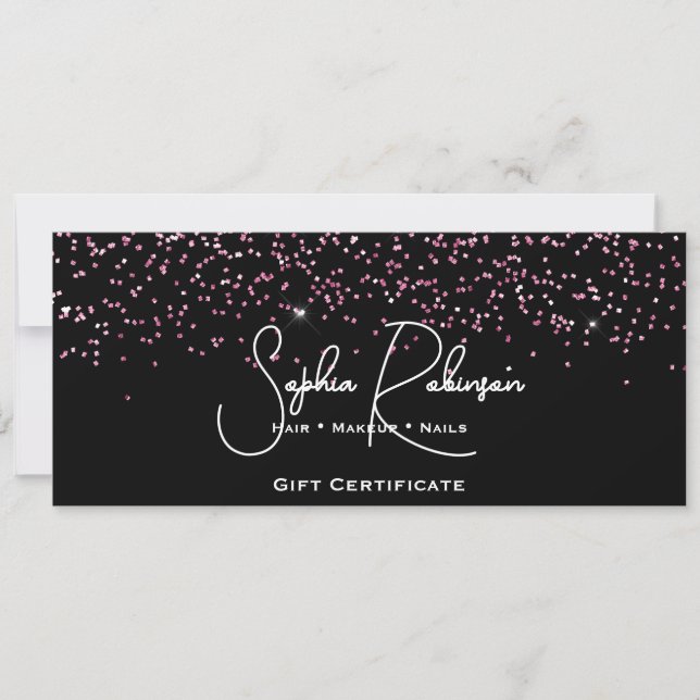 Black & Faux Pink Glitter Gift Certificate Card (Front)