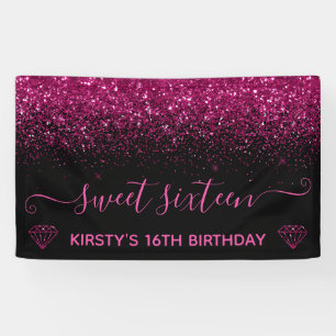 Black & Faux Pink Glitter Sweet 16 Banner