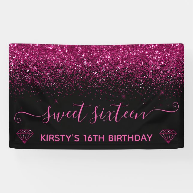 Black & Faux Pink Glitter Sweet 16 Banner (Horizontal)