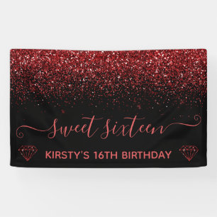 Black & Faux Red Glitter Sweet 16 Banner