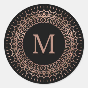 Black & Faux Rose Gold Medallion Monogram Classic Round Sticker