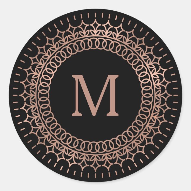Black & Faux Rose Gold Medallion Monogram Classic Round Sticker (Front)