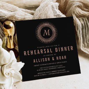 Black & Faux Rose Gold Monogram Rehearsal Dinner Invitation