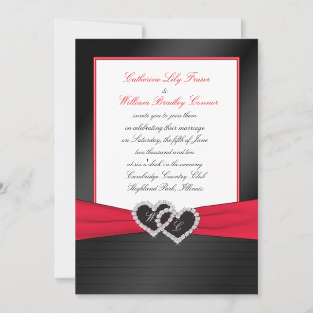 Black FAUX Satin Pleats, Hearts Monogram Invite (Front)