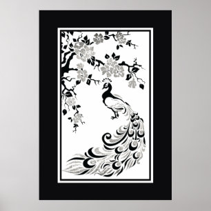 Black faux silver foil peacock and cherry blossoms poster