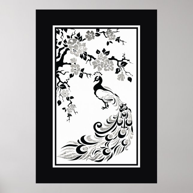 Black faux silver foil peacock and cherry blossoms poster (Front)