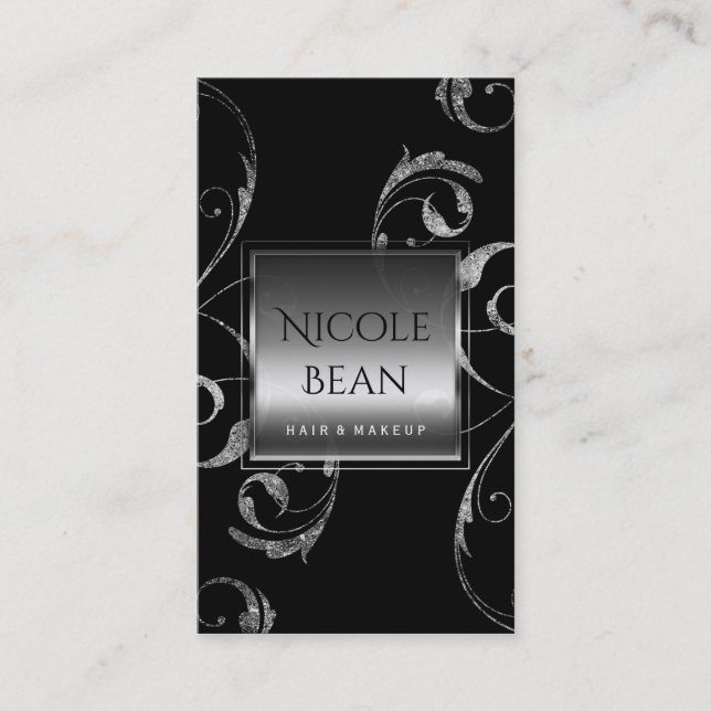 Black & Faux Silver Glass Floral Swirl Elegant Business Card (Front)