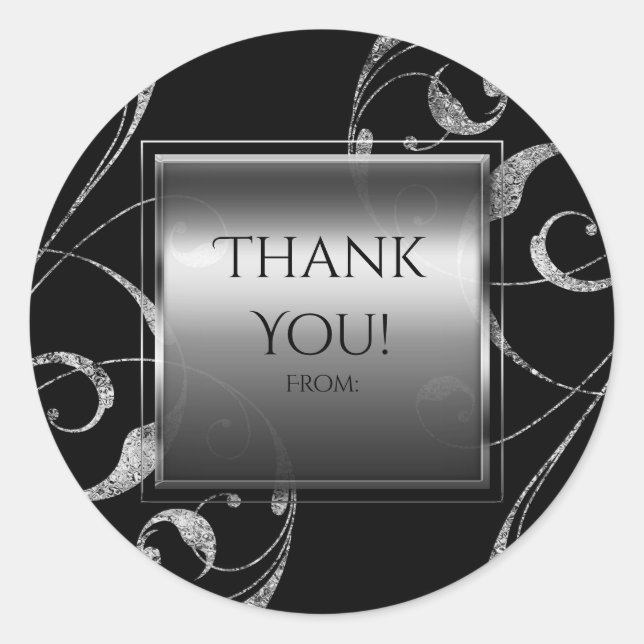 Black & Faux Silver Glass Floral Swirl Elegant Classic Round Sticker (Front)