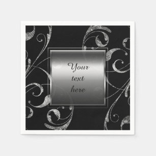 Black & Faux Silver Glass Floral Swirl Elegant Napkin