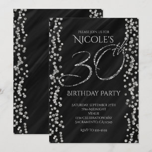 Black & Faux Silver Glitter Glam 30 30th Birthday Invitation