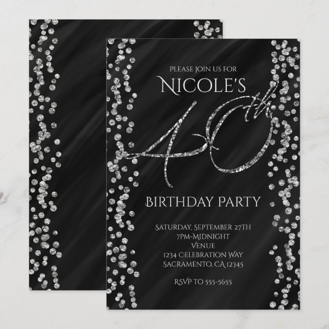 Black & Faux Silver Glitter Glam 40 40th Birthday Invitation (Front/Back)