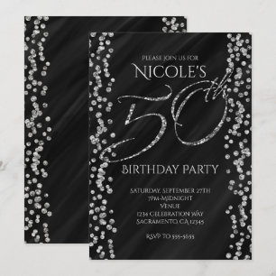 Black & Faux Silver Glitter Glam 50 50th Birthday Invitation