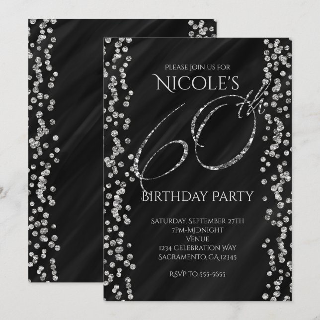 Black & Faux Silver Glitter Glam 60 60th Birthday Invitation (Front/Back)