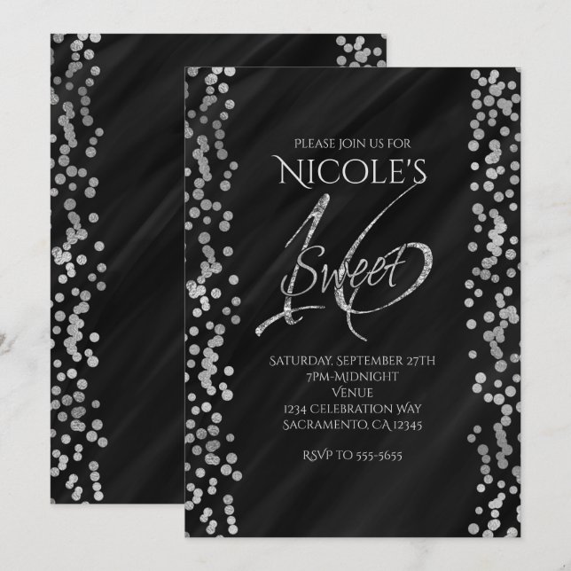 Black & Faux Silver Modern GlamSWEET 16 Sixteen Invitation (Front/Back)