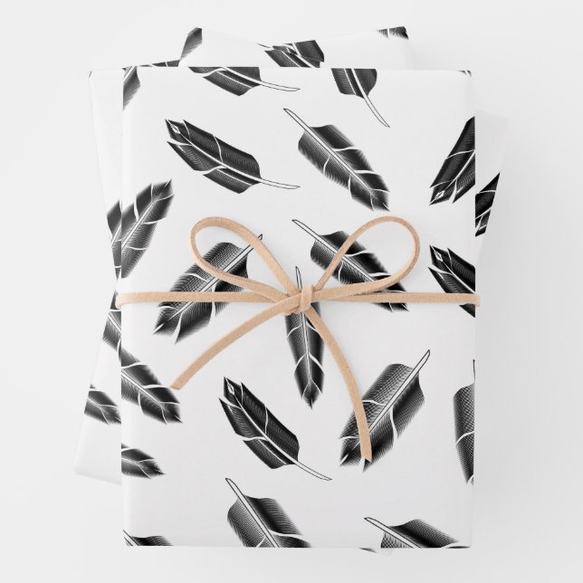 Black Feather Pattern Wrapping Paper Sheet (In situ)