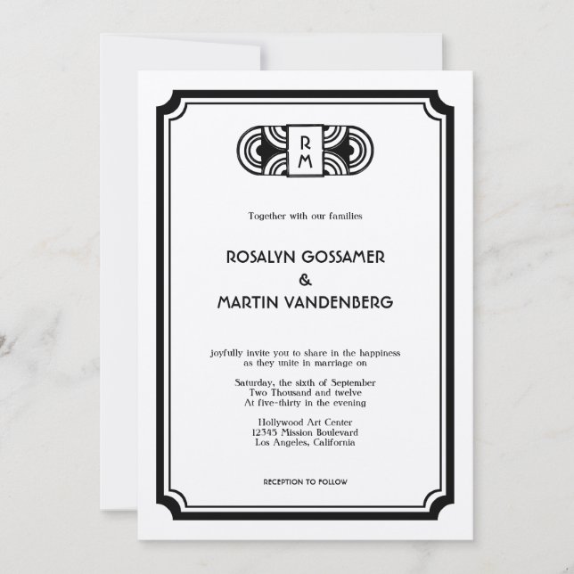 Black felt art deco retro Hollywood glam wedding Invitation (Front)