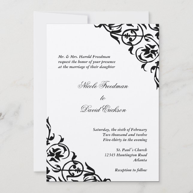 Black felt corner scroll script elegant wedding invitation (Front)