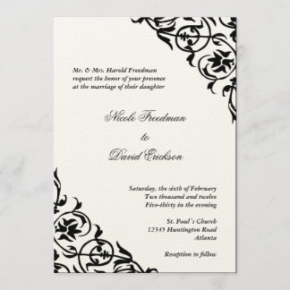Black felt corner scroll script elegant wedding invitation