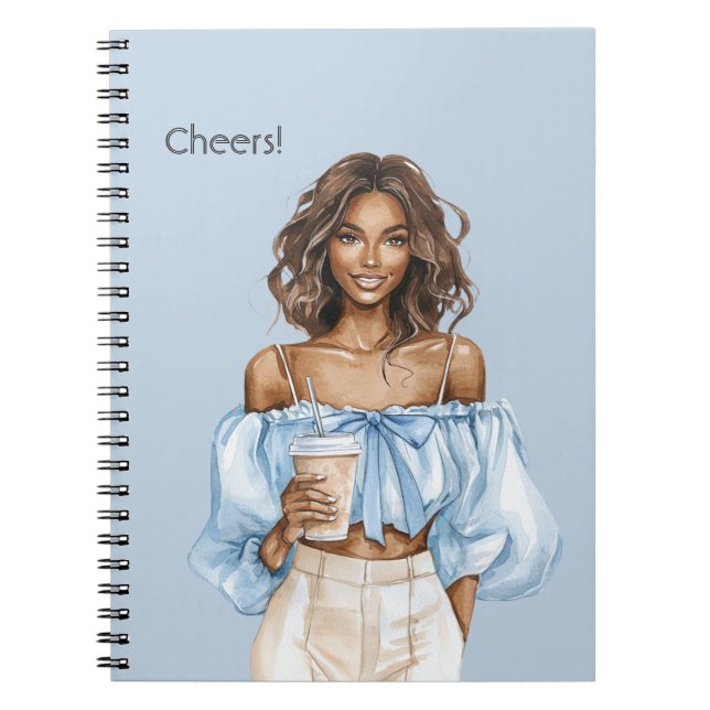 Black Female Blue Top Cheers Drink Notebook (Front)
