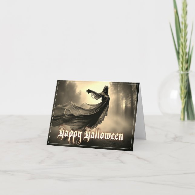 Black Female Ghost in Hellscape - Halloween Card (Front)