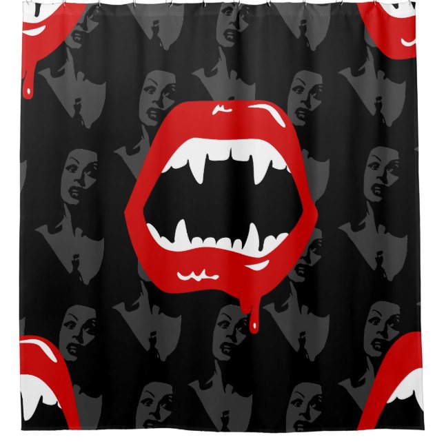 black female vampire fangs spooky halloween shower curtain (Front)