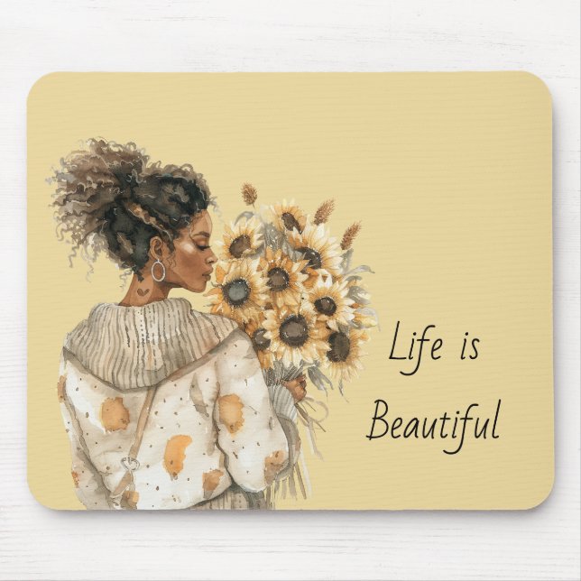 Black Female Yellow Sunflowers Mouse Mat (Front)