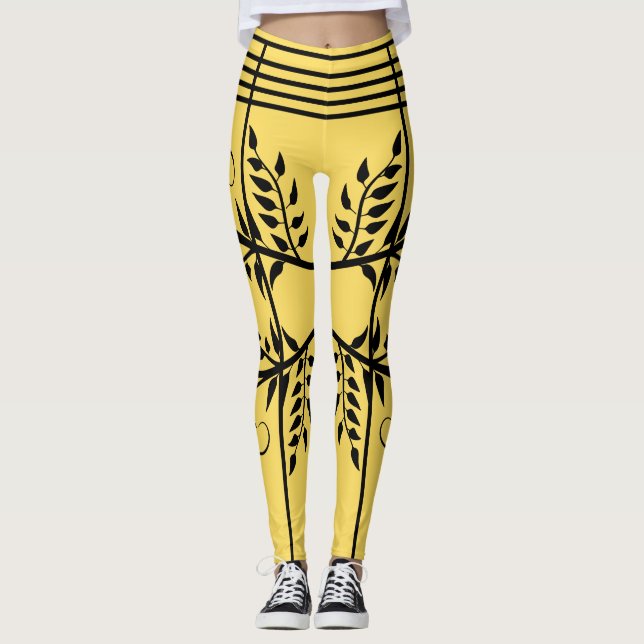 Black Fern Pattern Aspen Gold Futuristic Athletic Leggings (Front)
