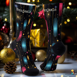 Black Festive Socks with Radiant Star Patterns