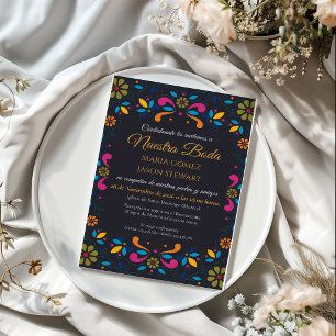 Black Fiesta Colourful Floral Boda Spanish Wedding Invitation