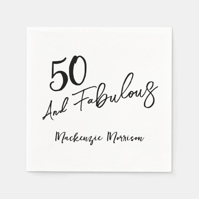 Black Fifty and Fabulous Script Birthday Napkin (Front)