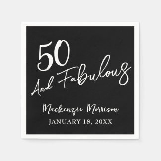 Black Fifty and Fabulous Script Birthday Party Napkin