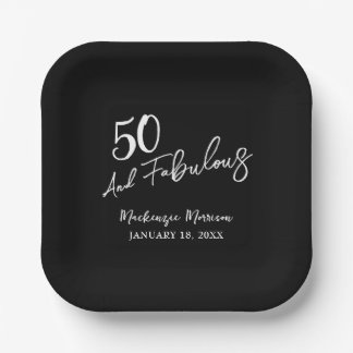 Black Fifty and Fabulous Script Birthday Party Paper Plate