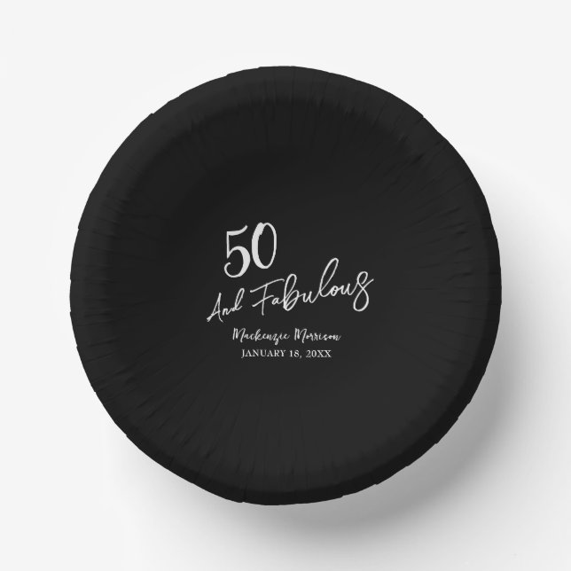 Black Fifty and Fabulous Script Birthday Party Paper Plate (Front)