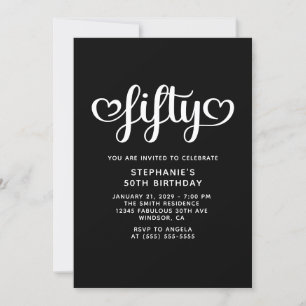 Black Fifty Cute Hearts Script 50th Birthday Invitation