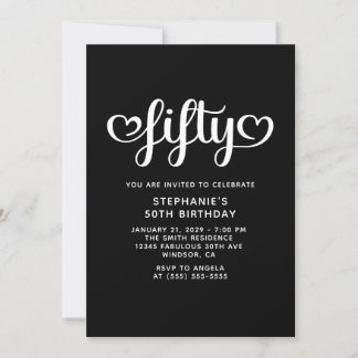 Black Fifty Cute Hearts Script 50th Birthday Invitation